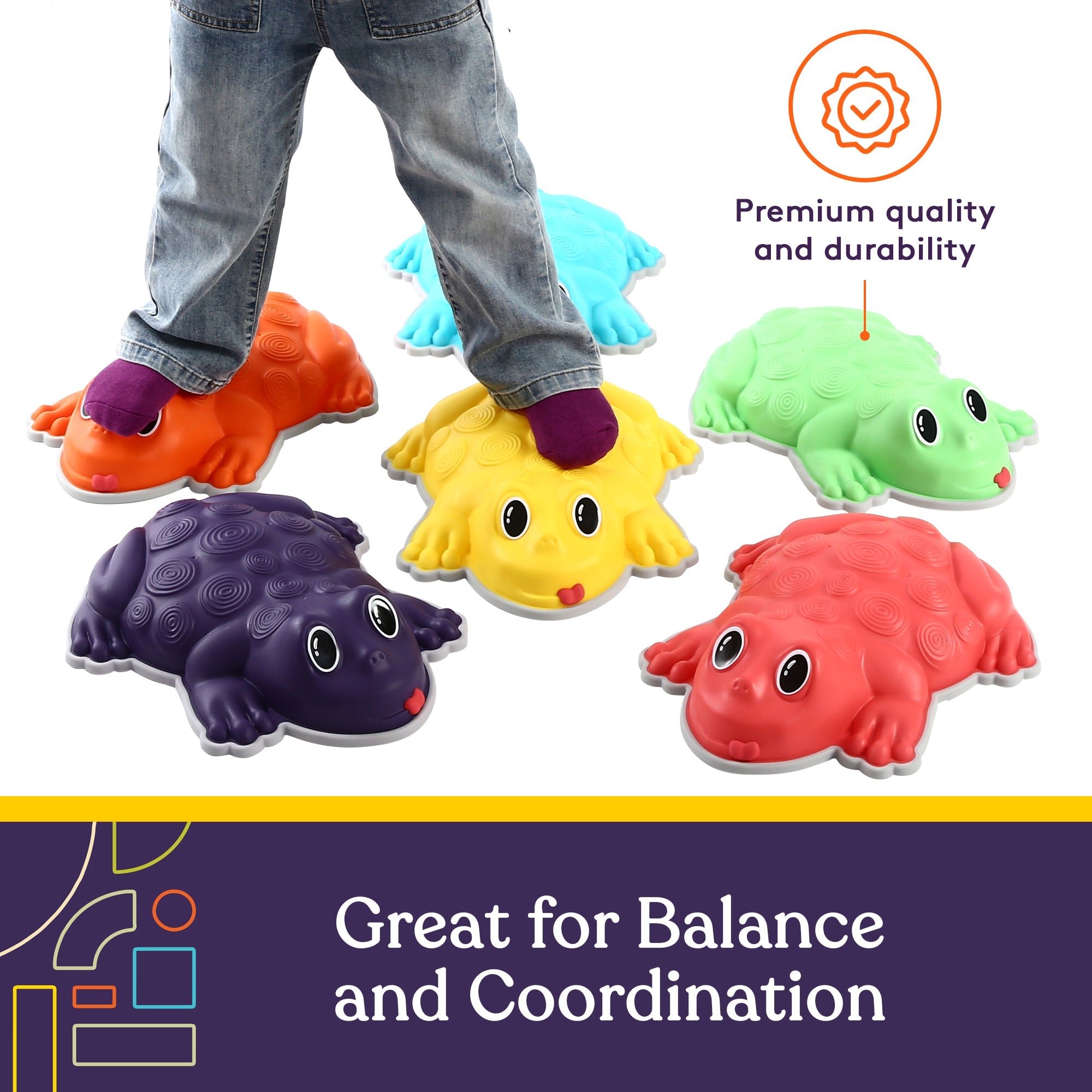 Colorful frog-shaped balance boards with a child's feet on them, on a white background.