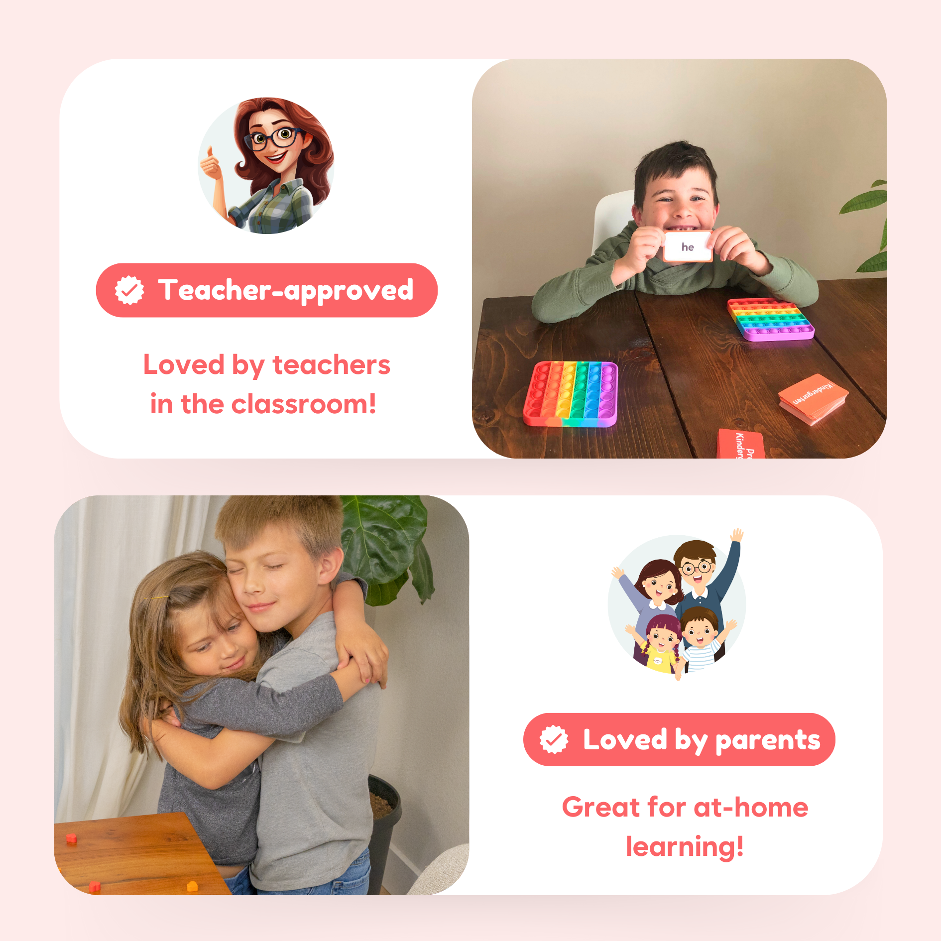 Promotional image with children using a product, teacher approval, and family interaction on a pink background.