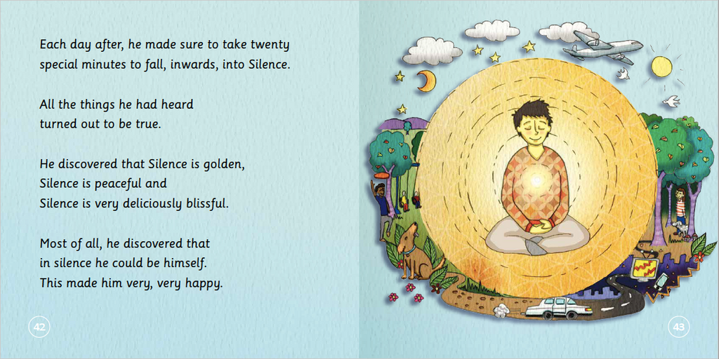 Illustration of a person meditating with a serene landscape and text about silence and happiness.