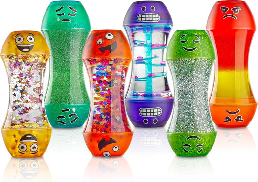 Colorful sensory liquid timers with glitter and beads, featuring playful emoji faces for kids