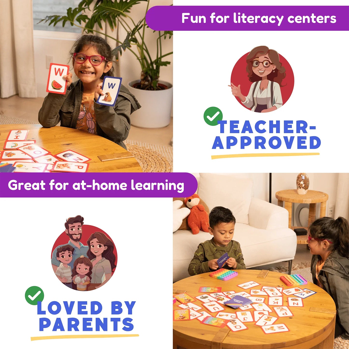 Children playing with educational alphabet flash cards at home, literacy center fun, teacher-approved, loved by parents.