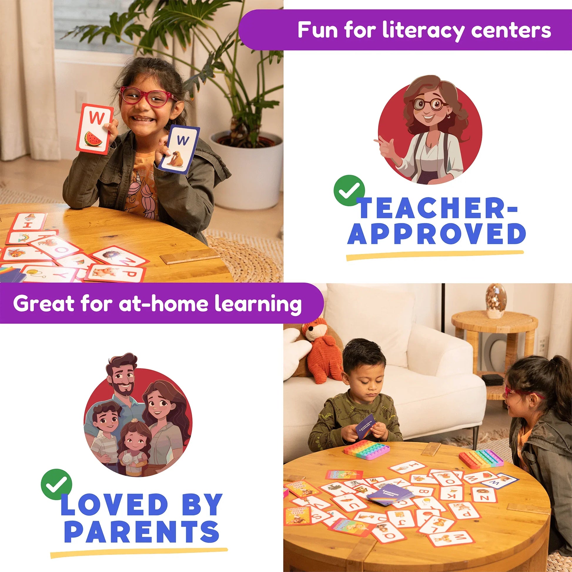 Children playing with educational alphabet flash cards at home, literacy center fun, teacher-approved, loved by parents.
