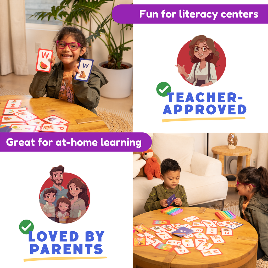 Children playing with educational cards at a table, with text indicating the product is fun for literacy centers, teacher-approved, great for at-home learning, and loved by parents.
