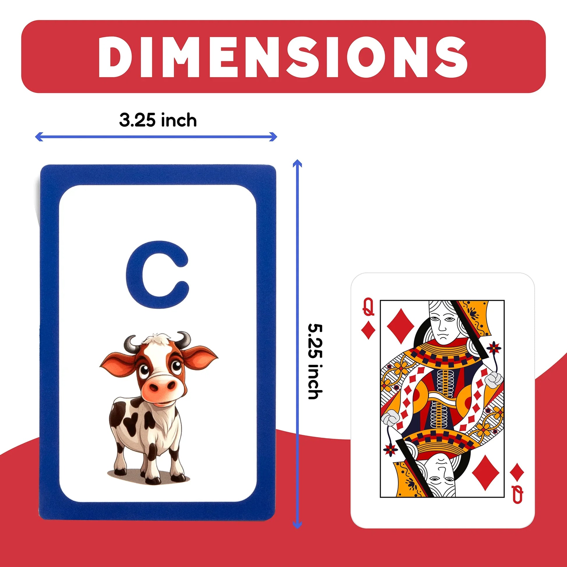Large educational flashcard with cartoon cow and letter C next to playing card for size comparison.