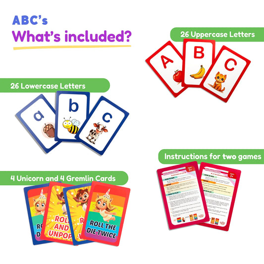 Alphabet learning card set showing uppercase, lowercase letters, unicorn, gremlin cards, and game instructions.
