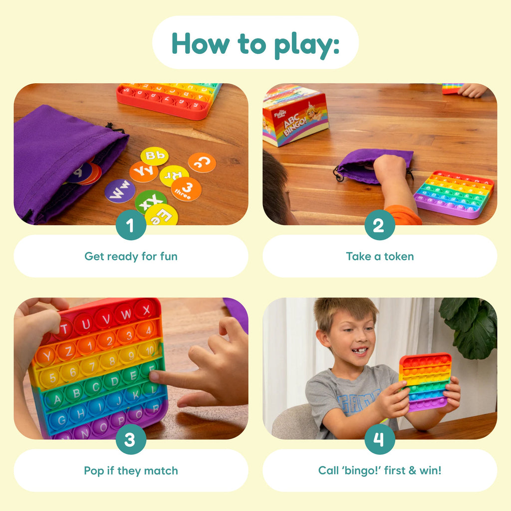 Instructions on how to play a game with colorful pop-it toys and a purple pouch.