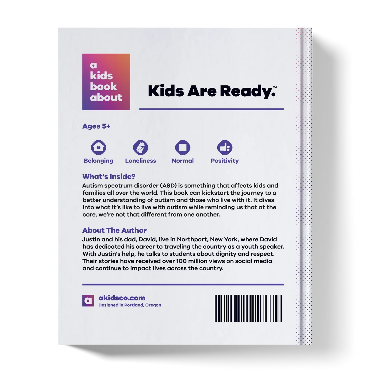 Back cover of 'A Kids Book About Autism', highlighting autism awareness for families, ages 5+.