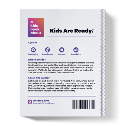 Back cover of 'A Kids Book About Autism', highlighting autism awareness for families, ages 5+.