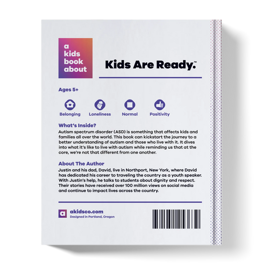 Back cover of 'A Kids Book About Autism', highlighting autism awareness for families, ages 5+.