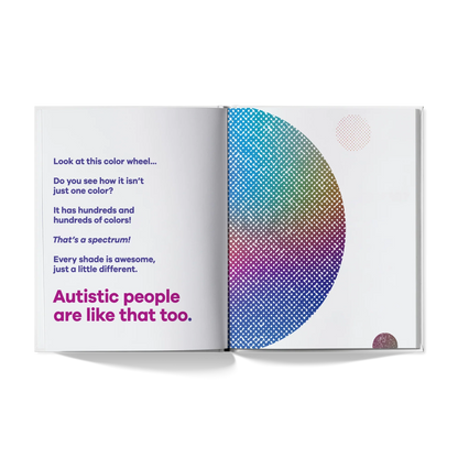 Open book showing text about autism as a spectrum, with a colorful dotted spectrum circle.