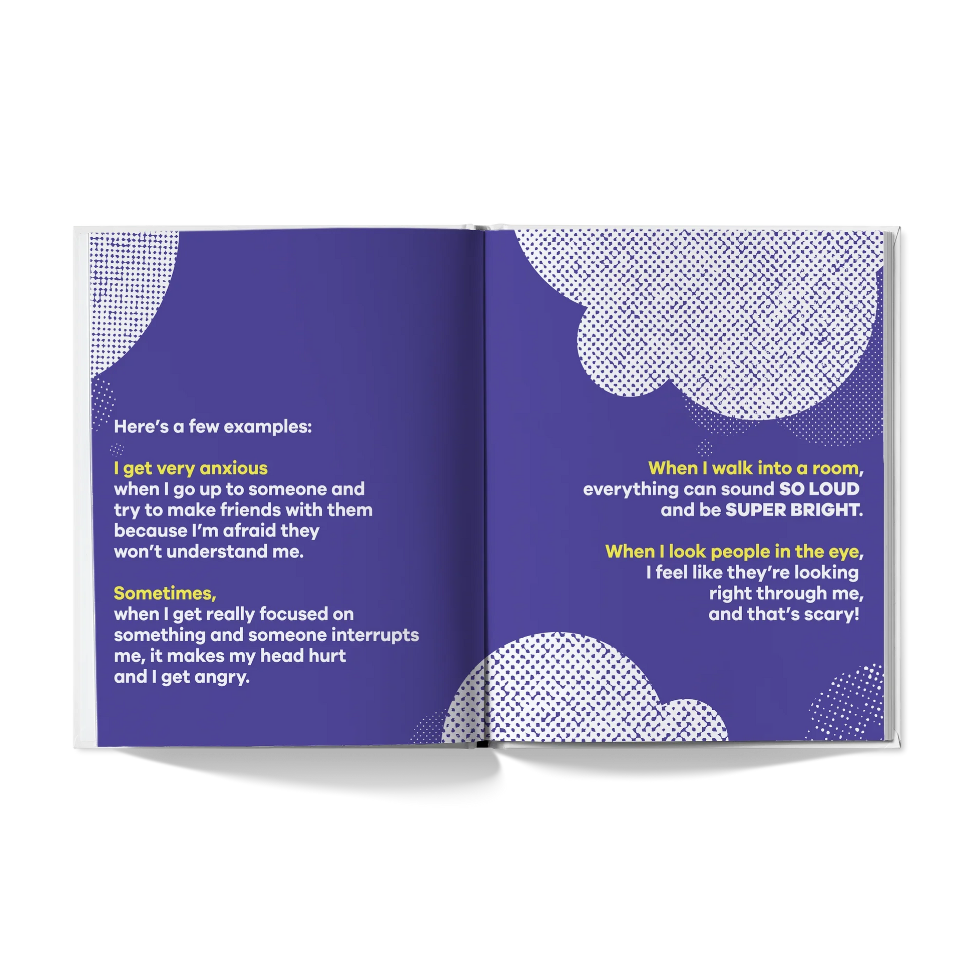 Open children's book with purple pages showing autism sensory experiences, bold yellow text highlights.