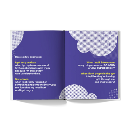 Open children's book with purple pages showing autism sensory experiences, bold yellow text highlights.