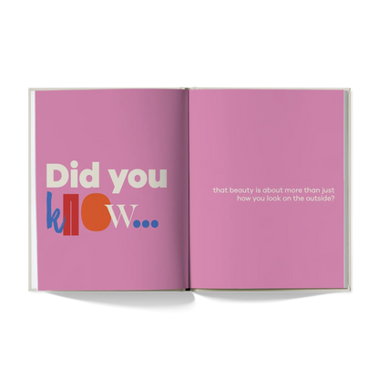 Open book with pink pages, colorful text "Did you know" and self-esteem message about beauty.