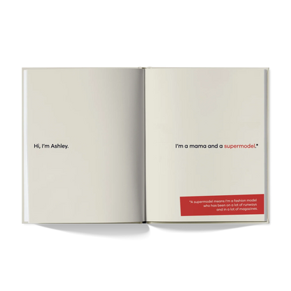 Open book with simple text introduction, featuring statements about being a mama and supermodel.
