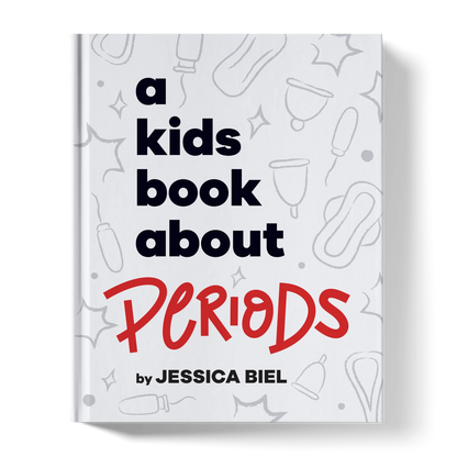 Children's book about periods with period products illustrated on the cover.