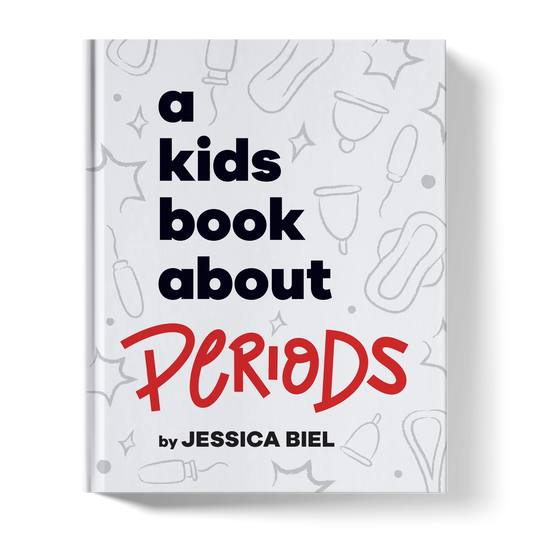 Children's book about periods with period products illustrated on the cover.