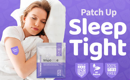 Woman lying in bed with a 'Sleep Tight' patch and Snooze packaging on a purple background