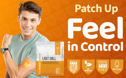 Man holding a supplement package with 'Patch Up Feel in Control' text on an orange background