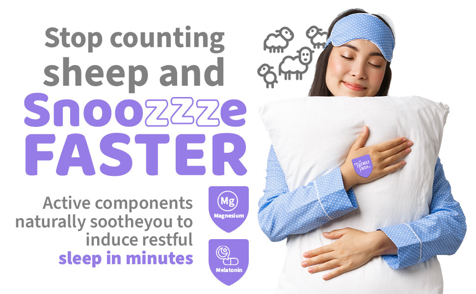 Person wearing a sleep mask and holding a pillow with text about inducing restful sleep faster.