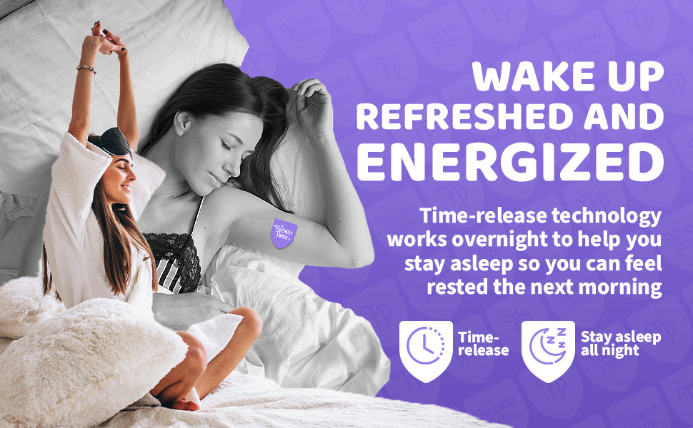 Two women waking up in bed with a product, promoting wake-up refreshed and energized with time-release technology.