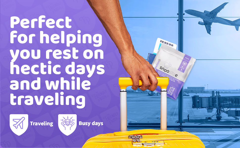 Hand holding a yellow suitcase with Snoo products at an airport, text about rest on hectic days and traveling.