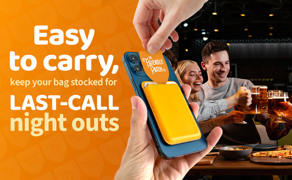 Promotional image of a phone case with text and a couple at a bar in the background.