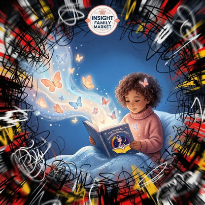 Child reading sensory-friendly book in bed with magical butterflies, neurodiversity concept