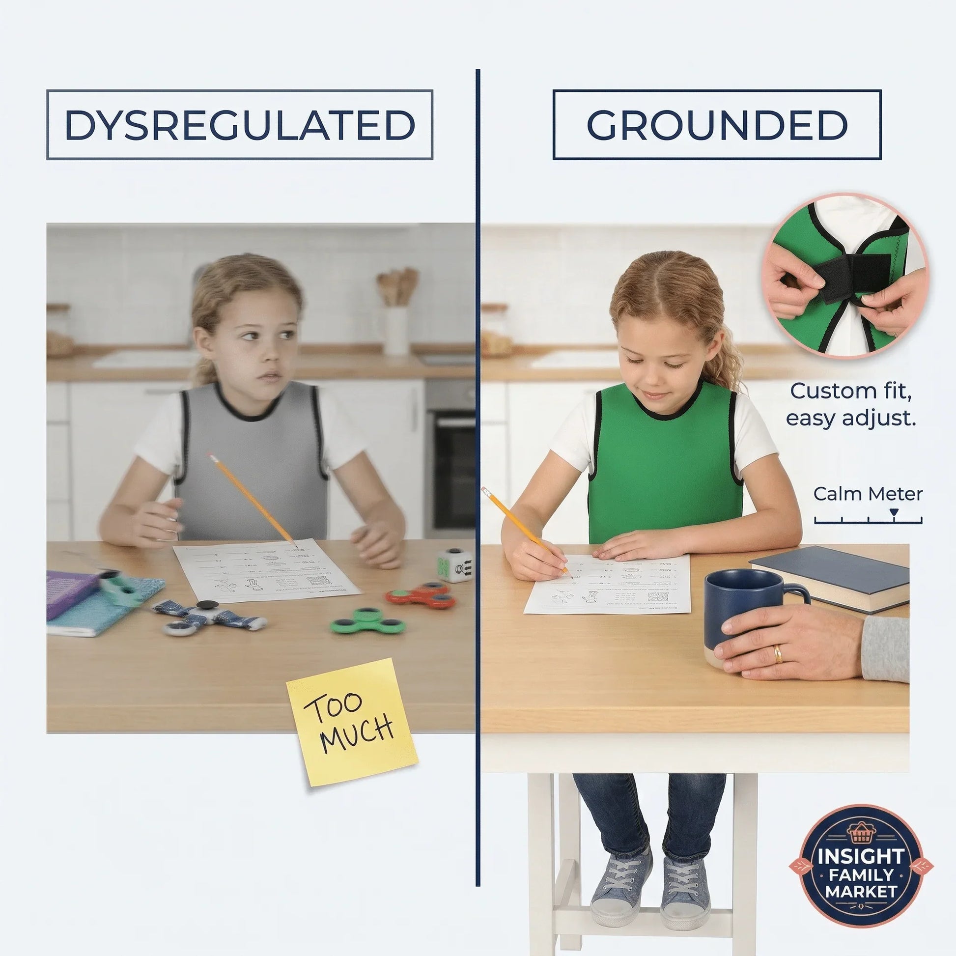 Child wearing adjustable sensory compression vest, shown dysregulated and then calm while studying.