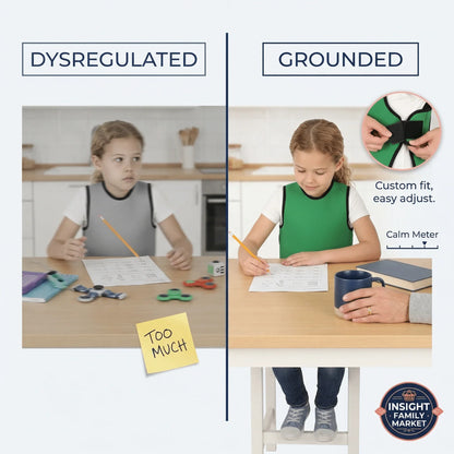 Child wearing adjustable sensory compression vest, shown dysregulated and then calm while studying.