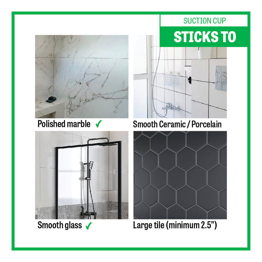 Product advertisement showing compatibility with polished marble, smooth ceramic, glass, and large tiles.