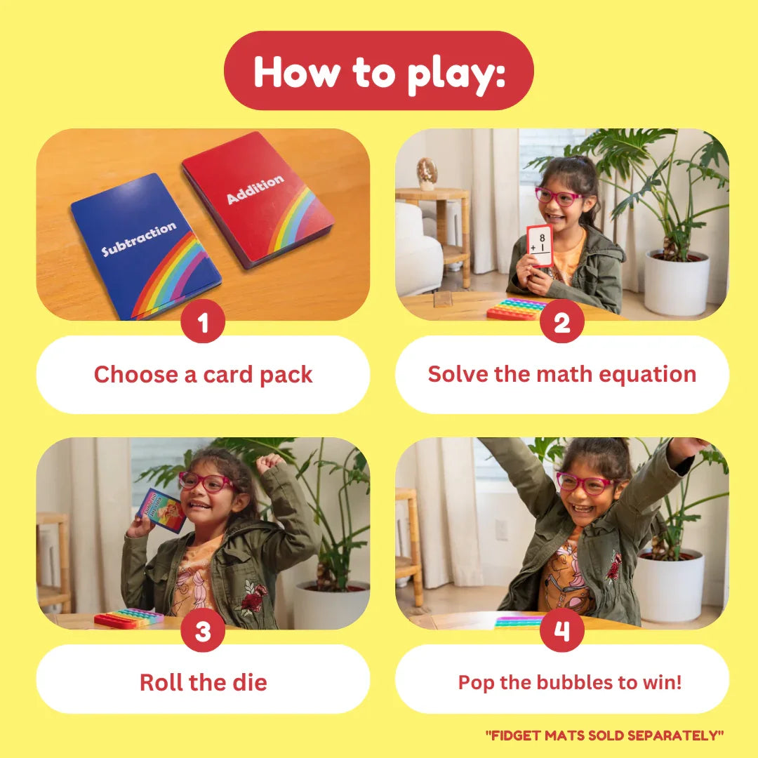 Step-by-step visual guide showing a child playing an addition and subtraction math card game with fidget mat and dice.
