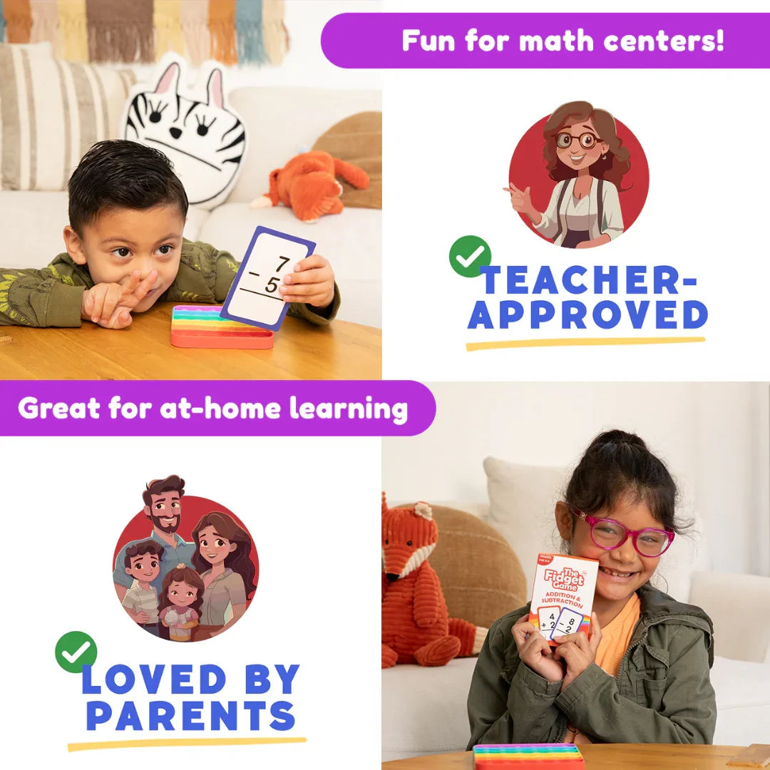 Kids playing with addition and subtraction math flash cards, teacher-approved, great for at-home learning.