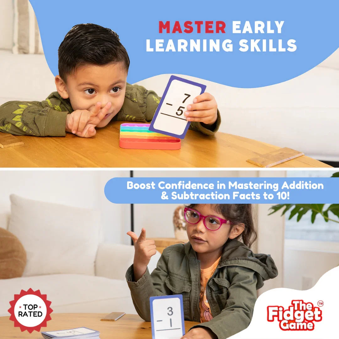 Children practicing addition and subtraction with flashcards and sensory fidget toy at a table.