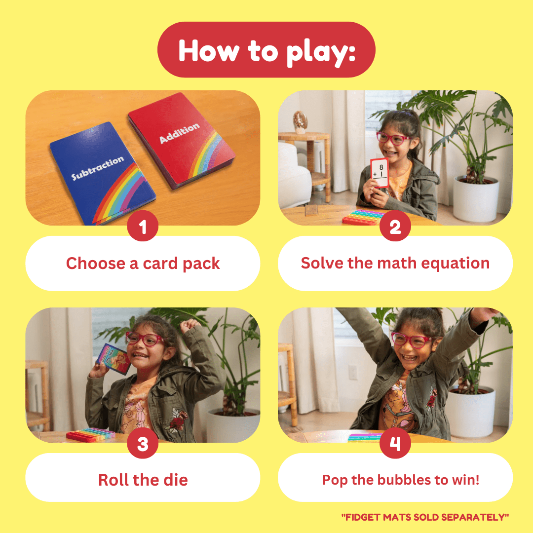Instructions for a math game with colorful cards and a die on a yellow background