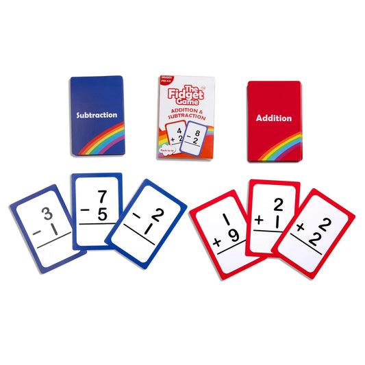 Addition and subtraction flash cards game for kids, red and blue math cards with equations