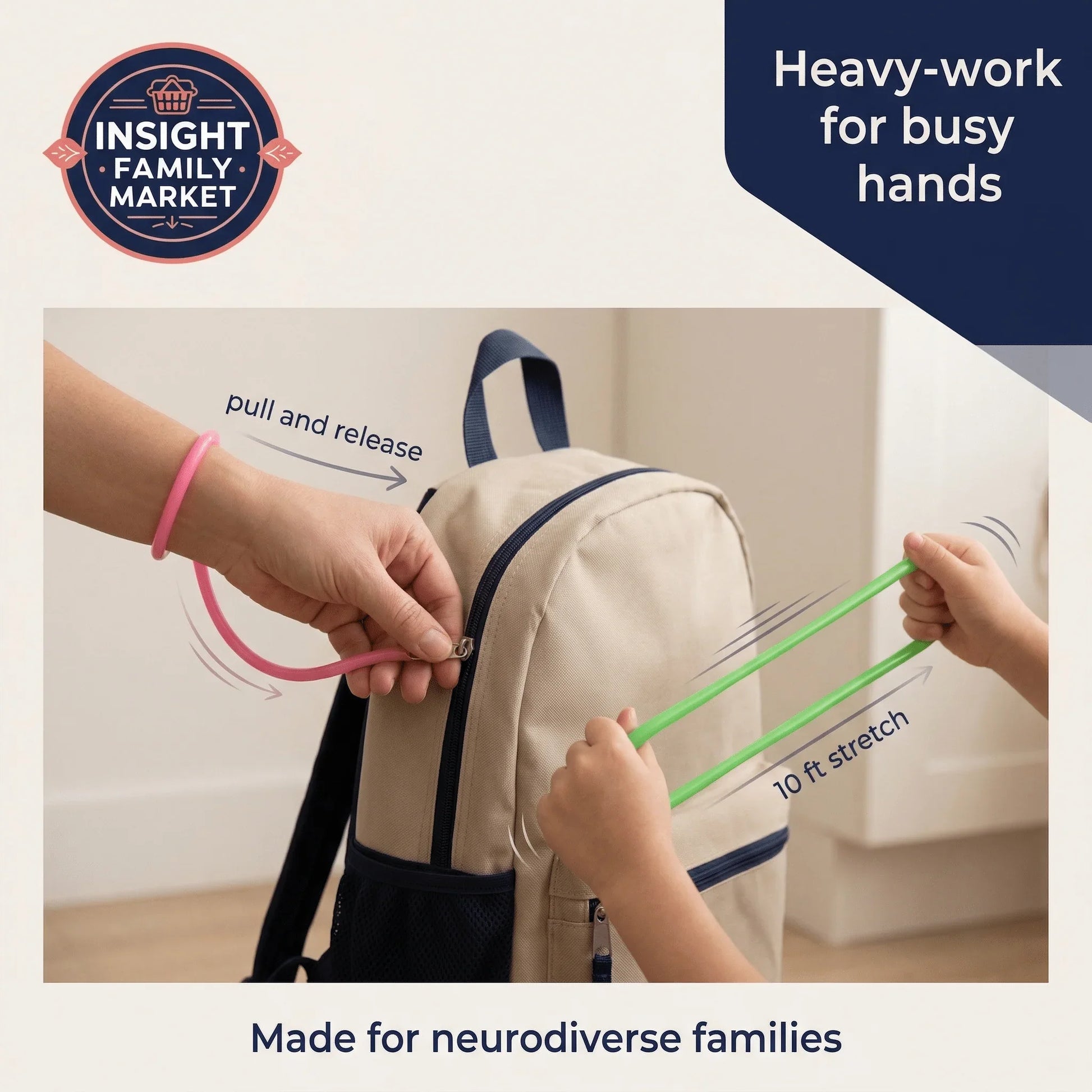Child pulling stretchy sensory fidget bands attached to a tan backpack, promoting heavy-work tools for neurodiverse families.