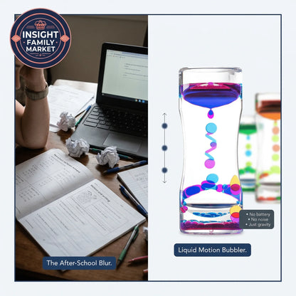 Split image showing a cluttered homework desk beside a calming liquid motion bubbler sensory toy.