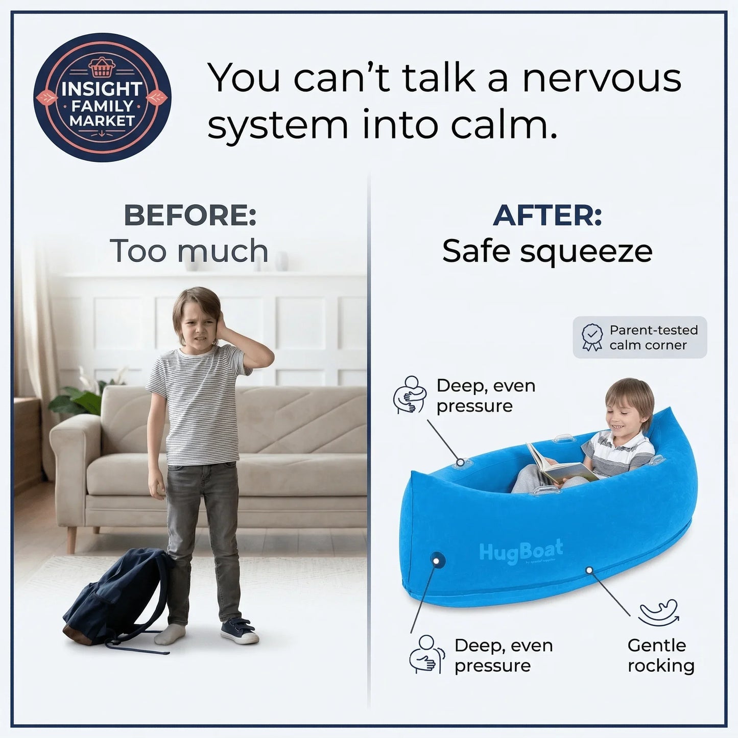 Before and after image showing a stressed child and a calm child in a blue sensory compression chair, highlighting deep pressure and gentle rocking for sensory support.