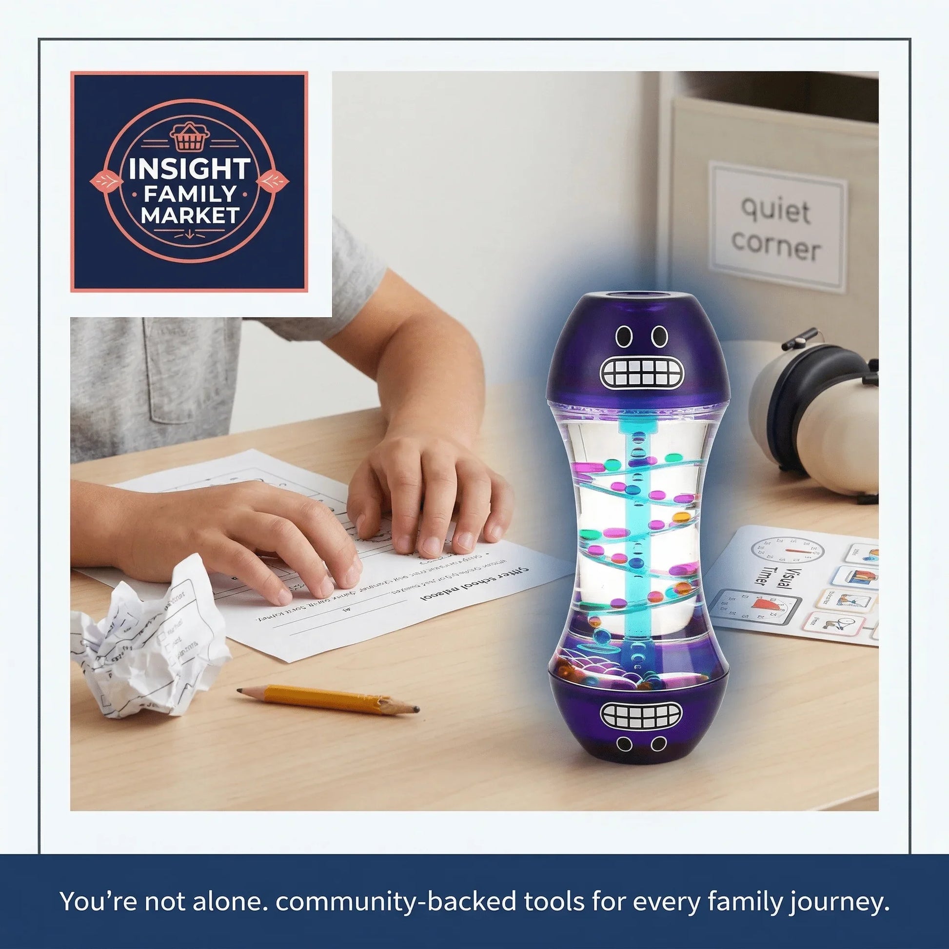 Child using sensory liquid timer for calm at desk with stress relief tools and quiet corner sign