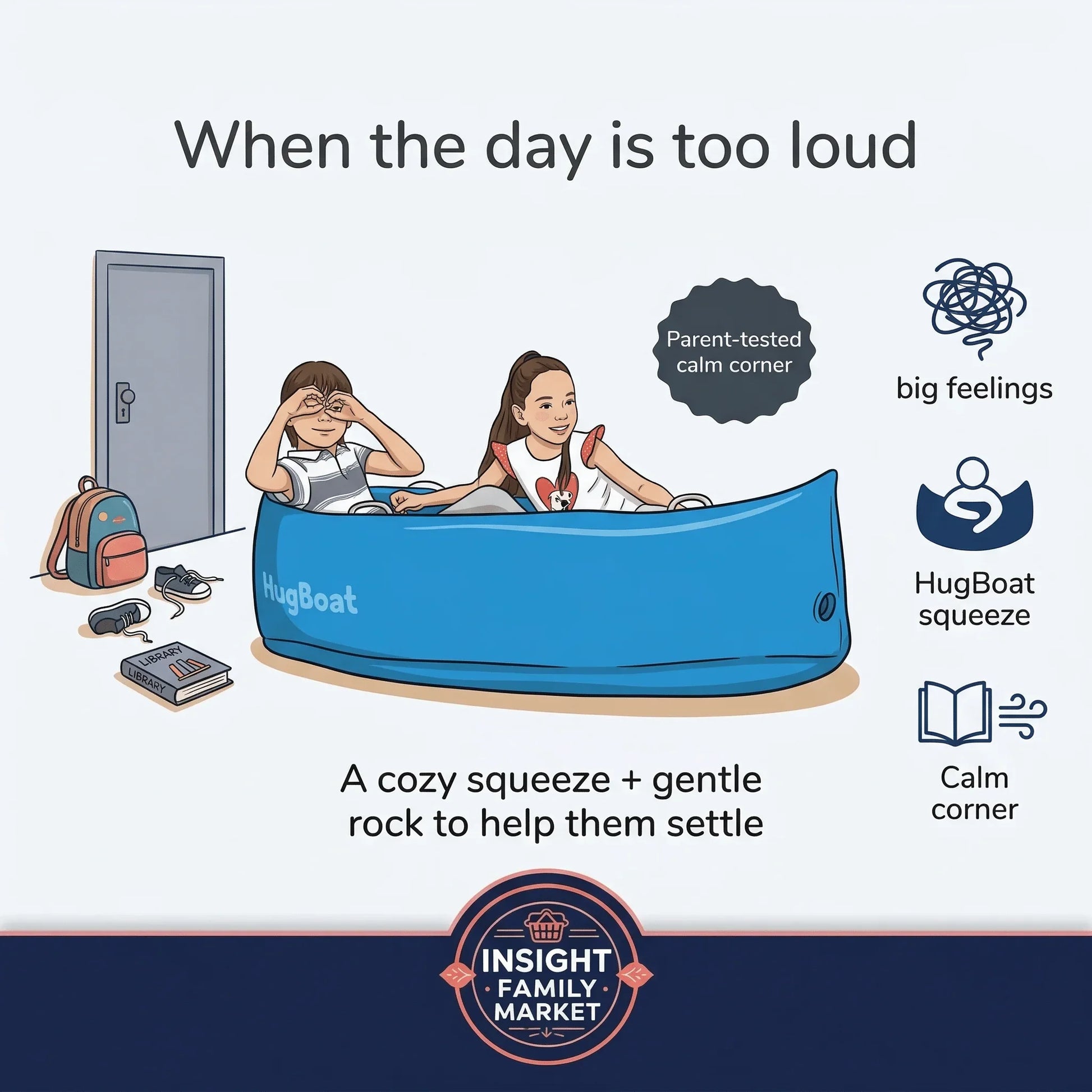 Two children in a blue HugBoat sensory boat, relaxing in a calm corner with backpacks and books nearby, highlighting sensory-friendly support for after school.
