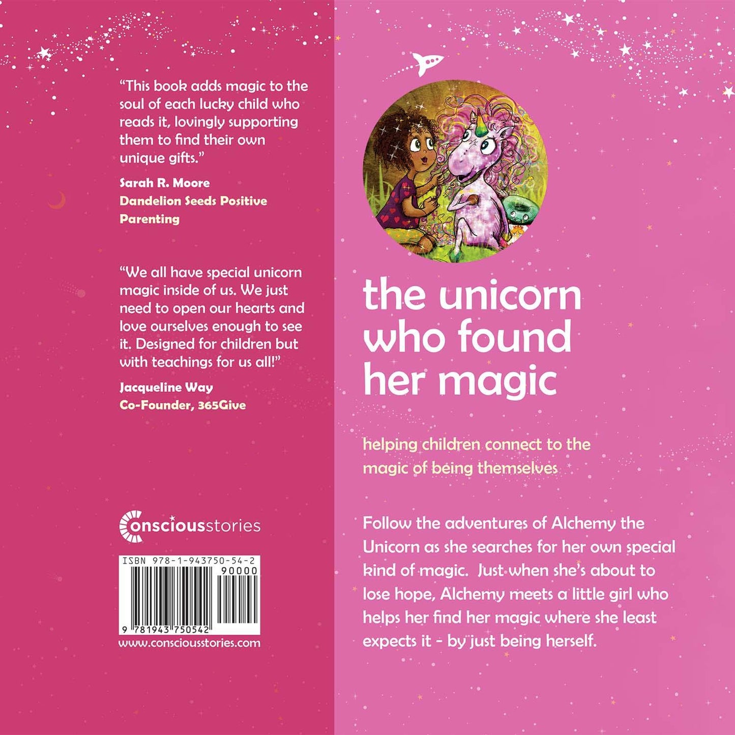 Back cover of 'The Unicorn Who Found Her Magic' children's book, pink with unicorn and girl illustration, inspirational quotes, and story summary.