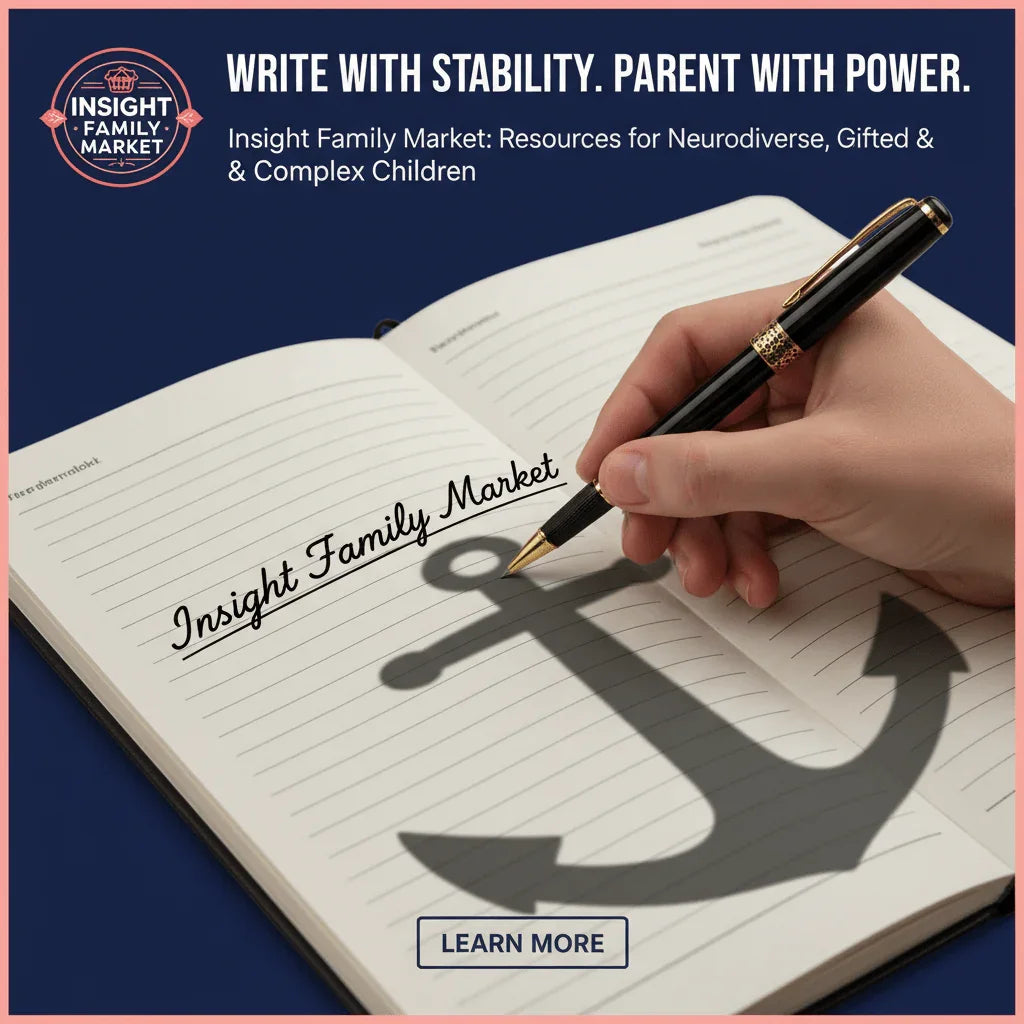 Hand writing in open notebook with anchor shadow, promoting stability for neurodiverse families.