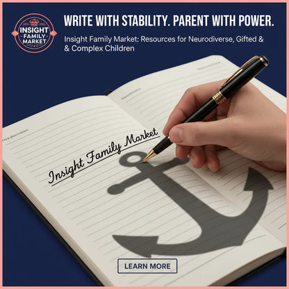Hand writing in open notebook with anchor shadow, promoting stability for neurodiverse families.