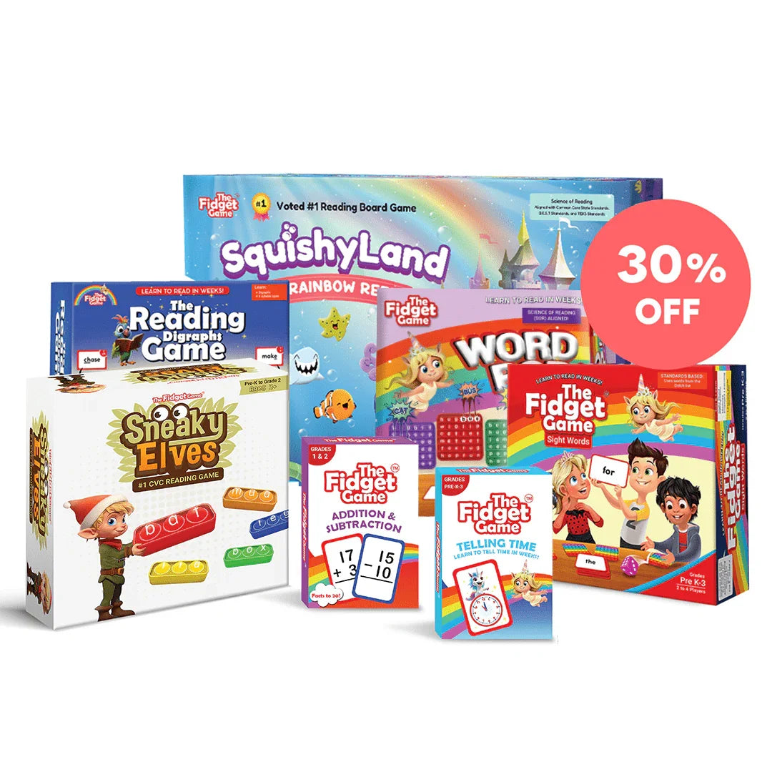 Educational games bundle for kids, including reading, math, and sensory board games, with 30% off.