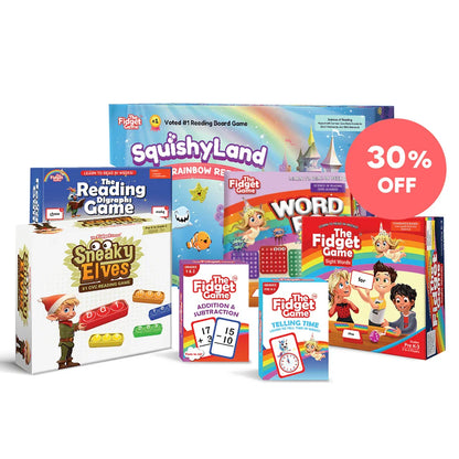 Educational games bundle for kids, including reading, math, and sensory board games, with 30% off.