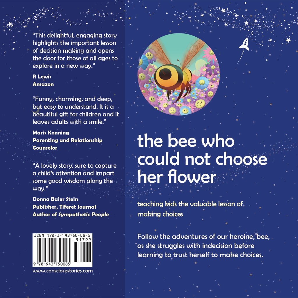 Bookback of 'the bee who could not choose her flower' with reviews and a colorful bee illustration on a blue starry background.