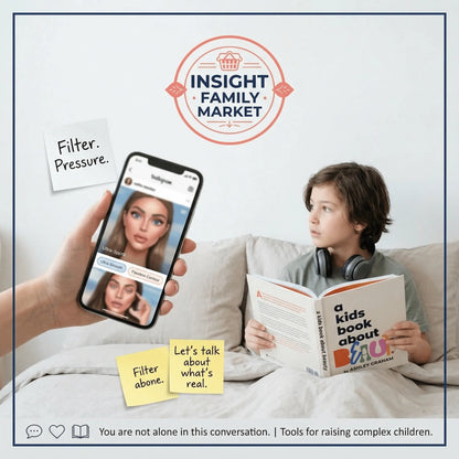 Child with headphones reads a book on self-esteem while adult holds phone showing beauty filters.