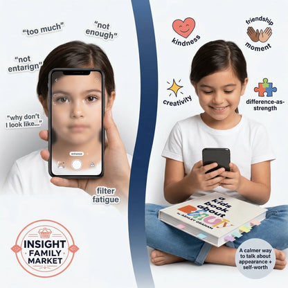 Split image of a child with phone filter fatigue and a happy child using a phone, promoting self-worth, kindness, and creativity.