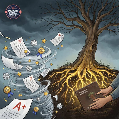 Illustration of a tree with glowing roots, book labeled 'the tree of goodness,' and A+ papers swirling in a storm, symbolizing resilience and growth for neurodiverse families.