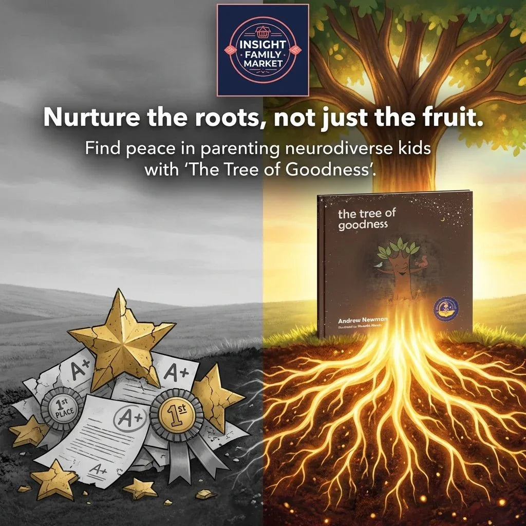 Split image showing award ribbons and grades on one side, and a glowing tree with deep roots and the book 'The Tree of Goodness' on the other, promoting positive parenting and neurodiversity support.